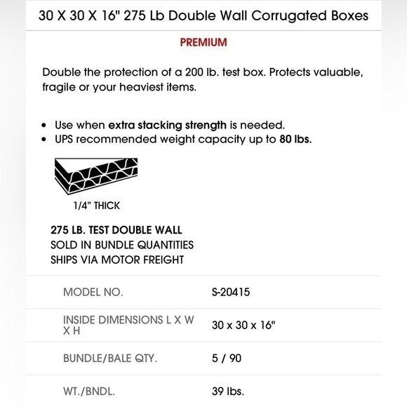 5pcs x ULINE 30 X 30 X 16" 275 Lb Double Wall Corrugated Boxes Commercial Grade - Picture 3 of 5